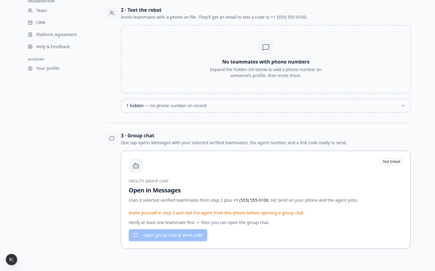 AI Agent settings step 3 Group chat showing Open in Messages card and Open group chat and send code button