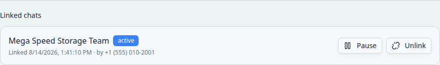 Linked group chats section showing an active team group with Pause and Unlink buttons
