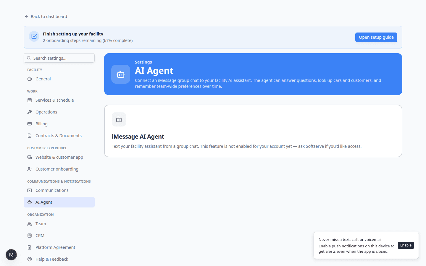 Settings AI Agent page header explaining the facility assistant