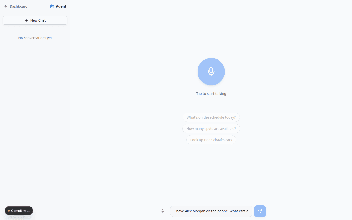 AI Assistant showing Alex Morgan customer card, two stored vehicles with parking spot A1, and two dealer service appointments after a phone-call lookup