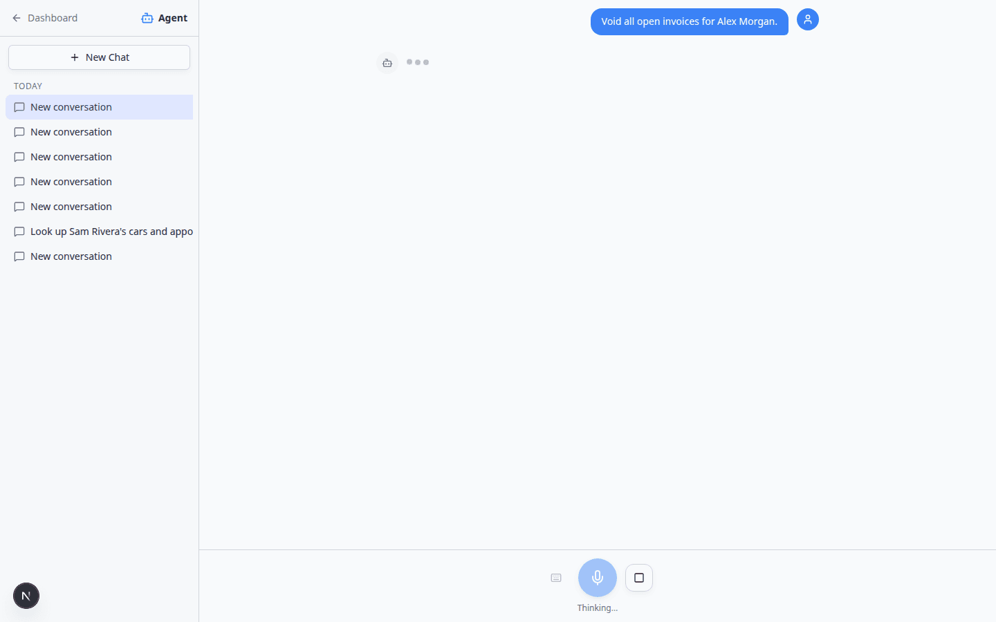 AI Assistant explaining that sensitive billing actions should be done on the Payments page instead