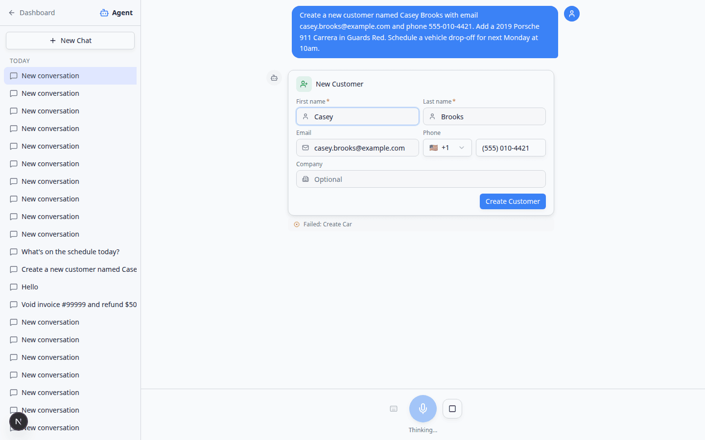 AI Assistant proposal cards with an edited first name field and Confirm All button visible