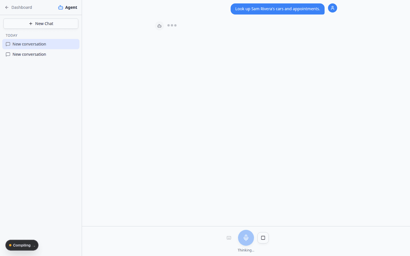 AI Assistant showing Thinking status with a stop button near the message area