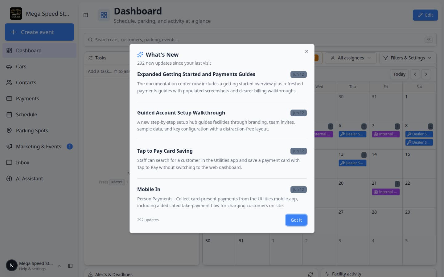 Dashboard beta page with widget panels alongside the sidebar showing Create event and Dashboard menu items