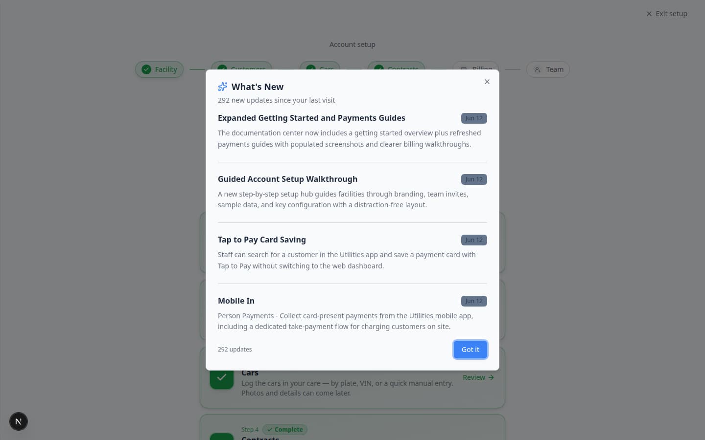 Setup Guide page showing Setup Progress percentage at the top and grouped setup sections with Set up buttons