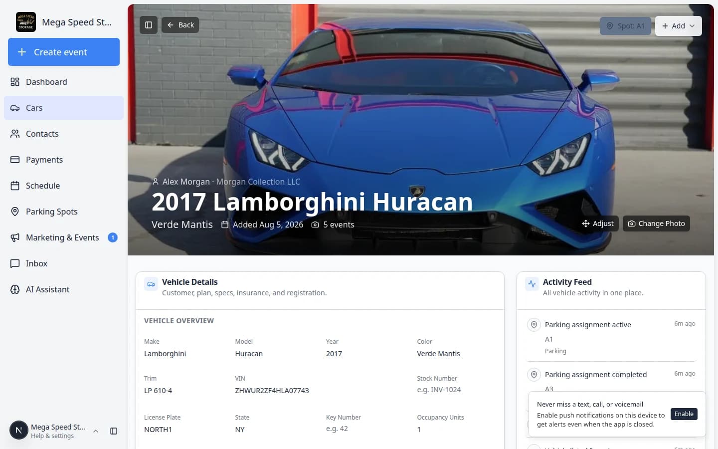 Editable Vehicle Details fields on a car record in the Vehicle Overview section