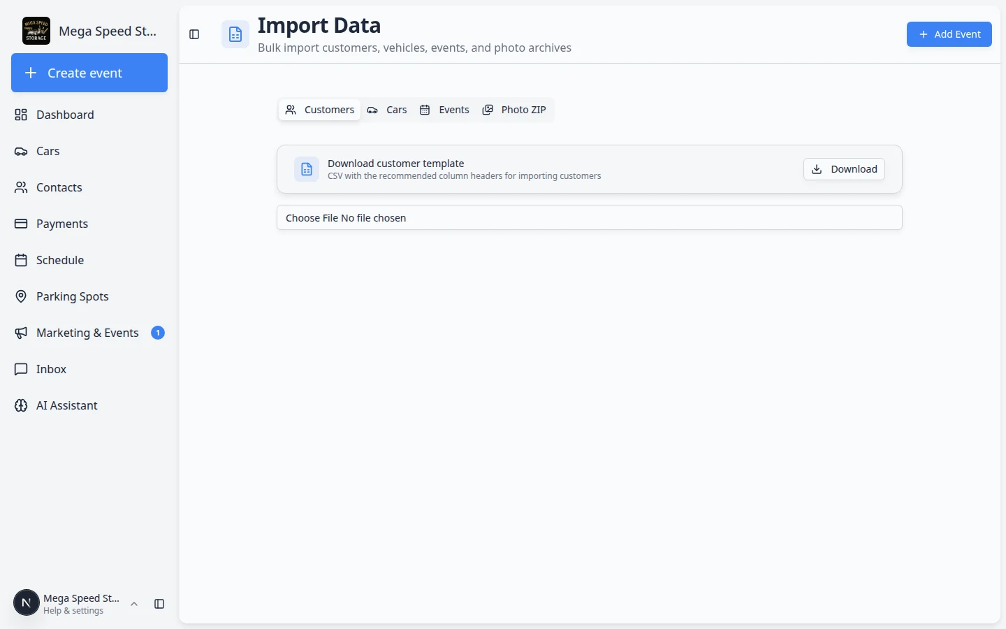 Import Data page showing tabs for Customers, Cars, Events, and Photo ZIP with a download template card