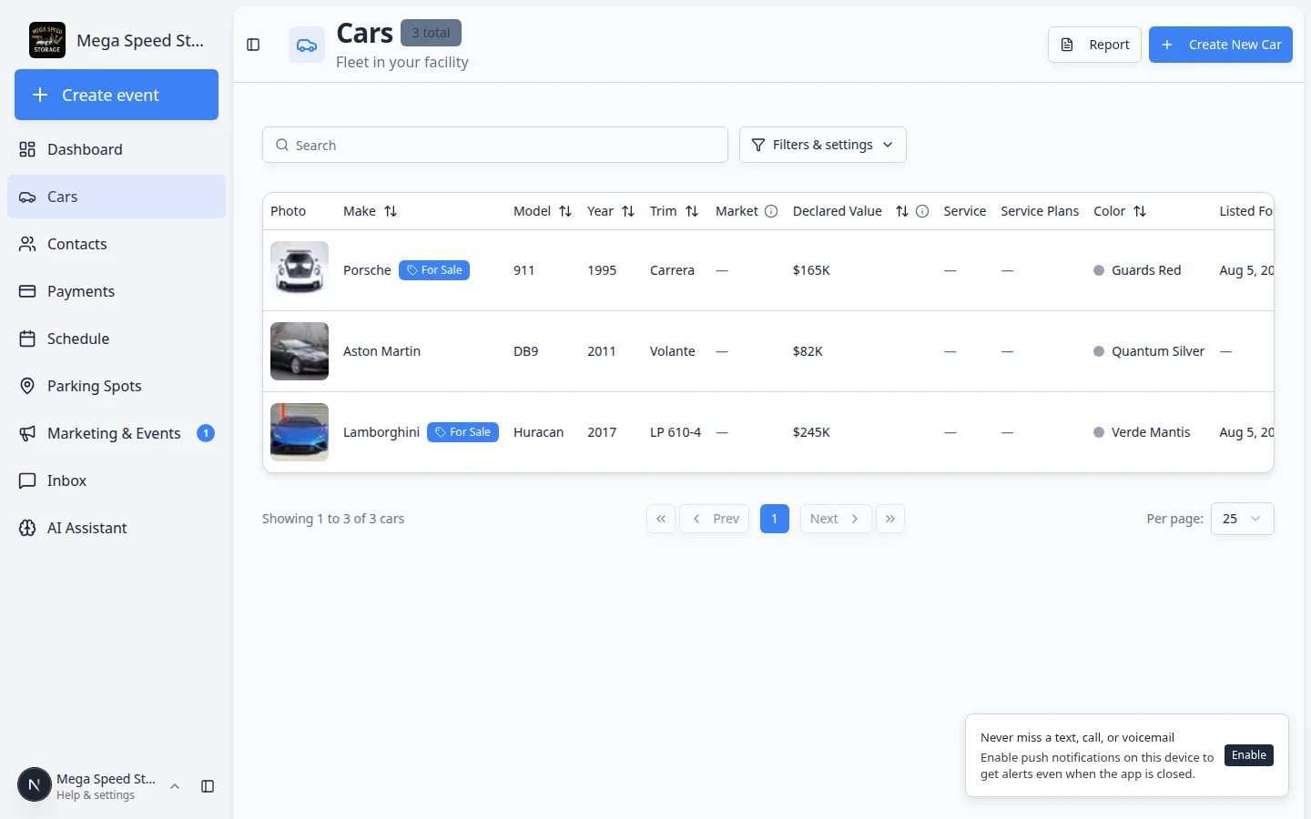 Cars list in table view showing columns for make, model, year, declared value, color, plate, location, and customer