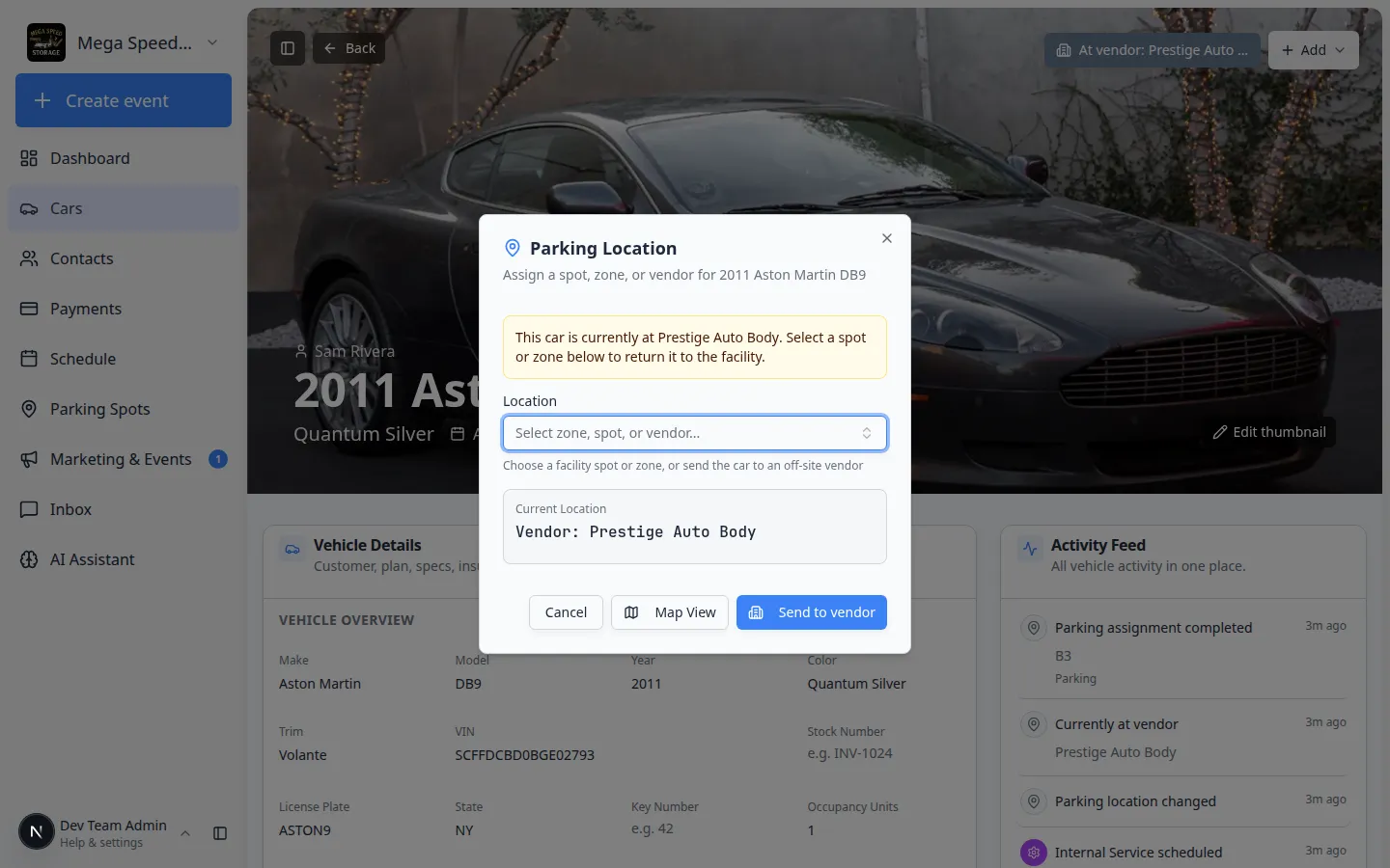 Parking Location window with Location field, current spot shown, Map View button, and Update location button