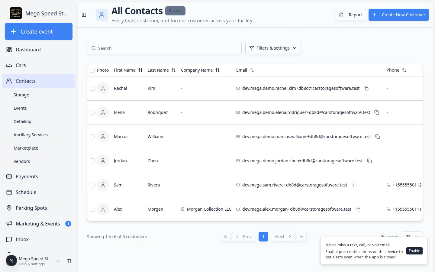 All Contacts page showing customer rows, sidebar type links, search, filters, CRM stage, cars, account status, and row actions