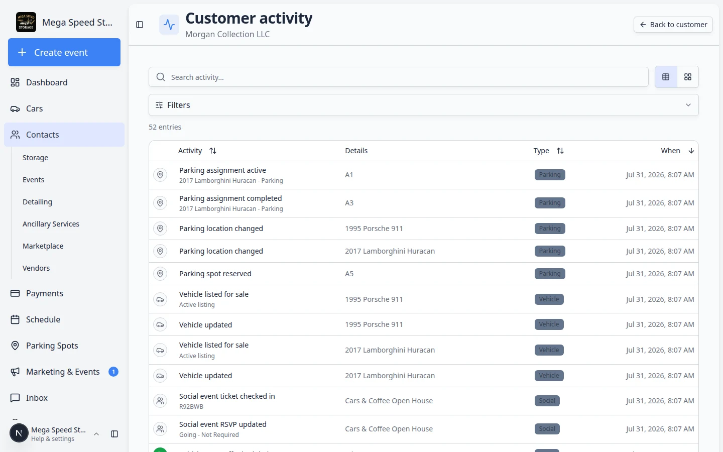 Full customer Activity page showing a scrollable timeline of emails, texts, invoices, and events