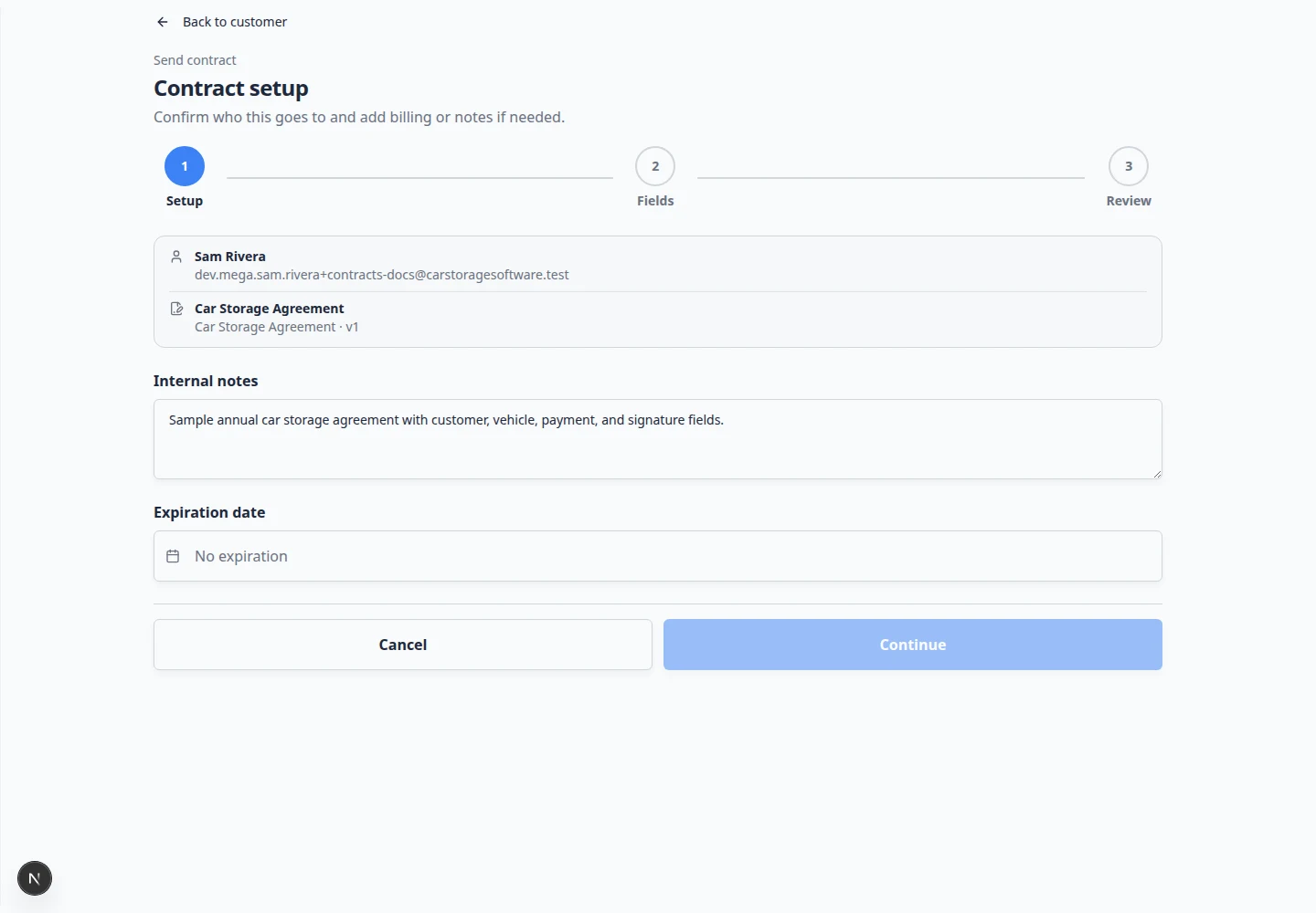 Contract status page showing Sent badge, progress steps, and Resend email button