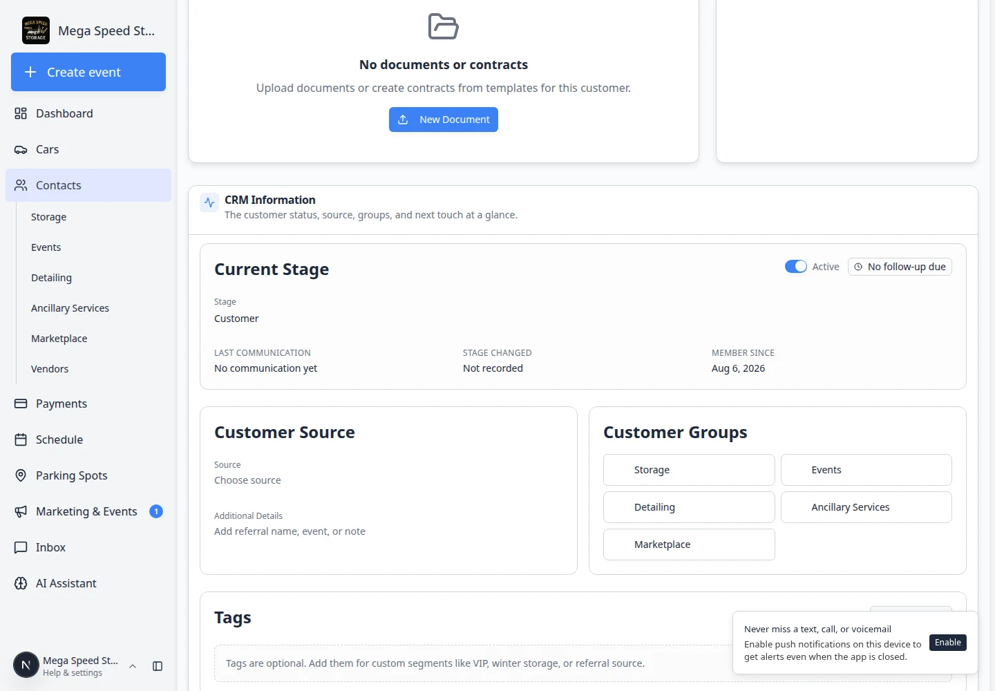 Customer record showing uploaded document in Documents and Contracts