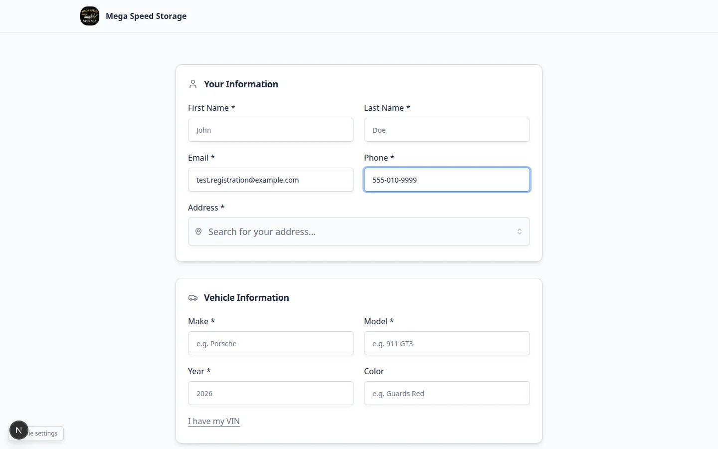 Public registration form partially filled with a test customer name, email, and phone number before submit