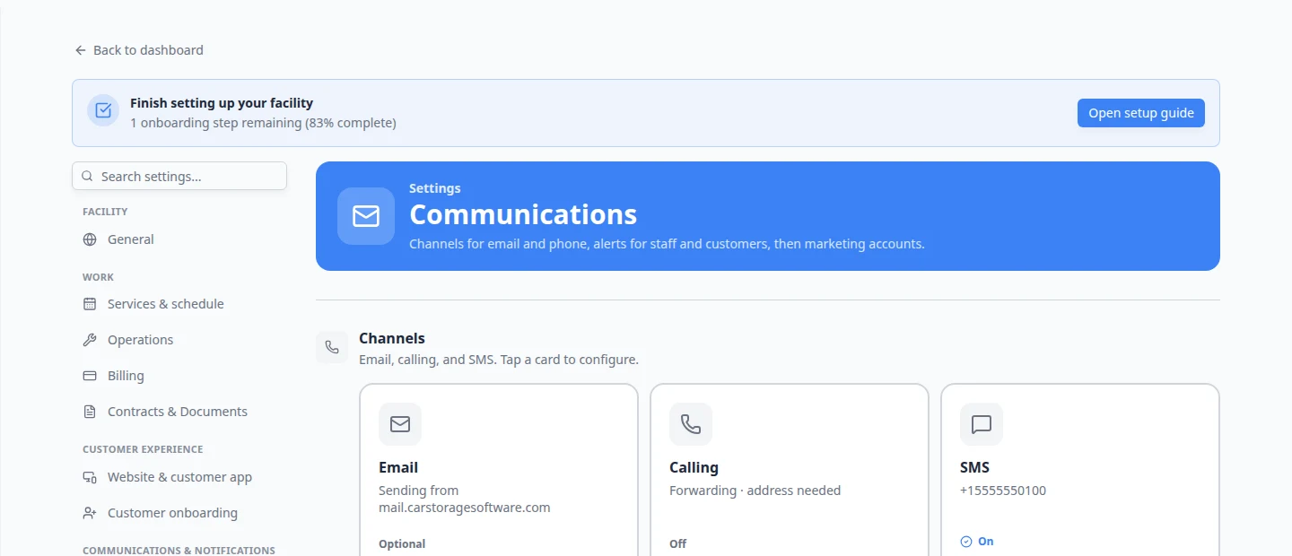 Communications settings focused on the Phone Number and SMS Text Messaging section