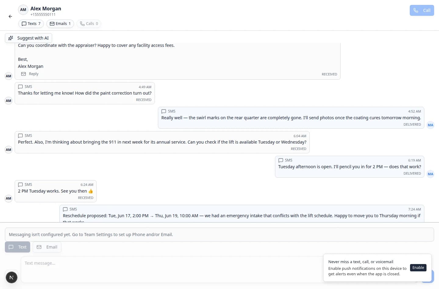 Inbox showing Alex Morgan selected with text messages, an email, and call activity in the timeline