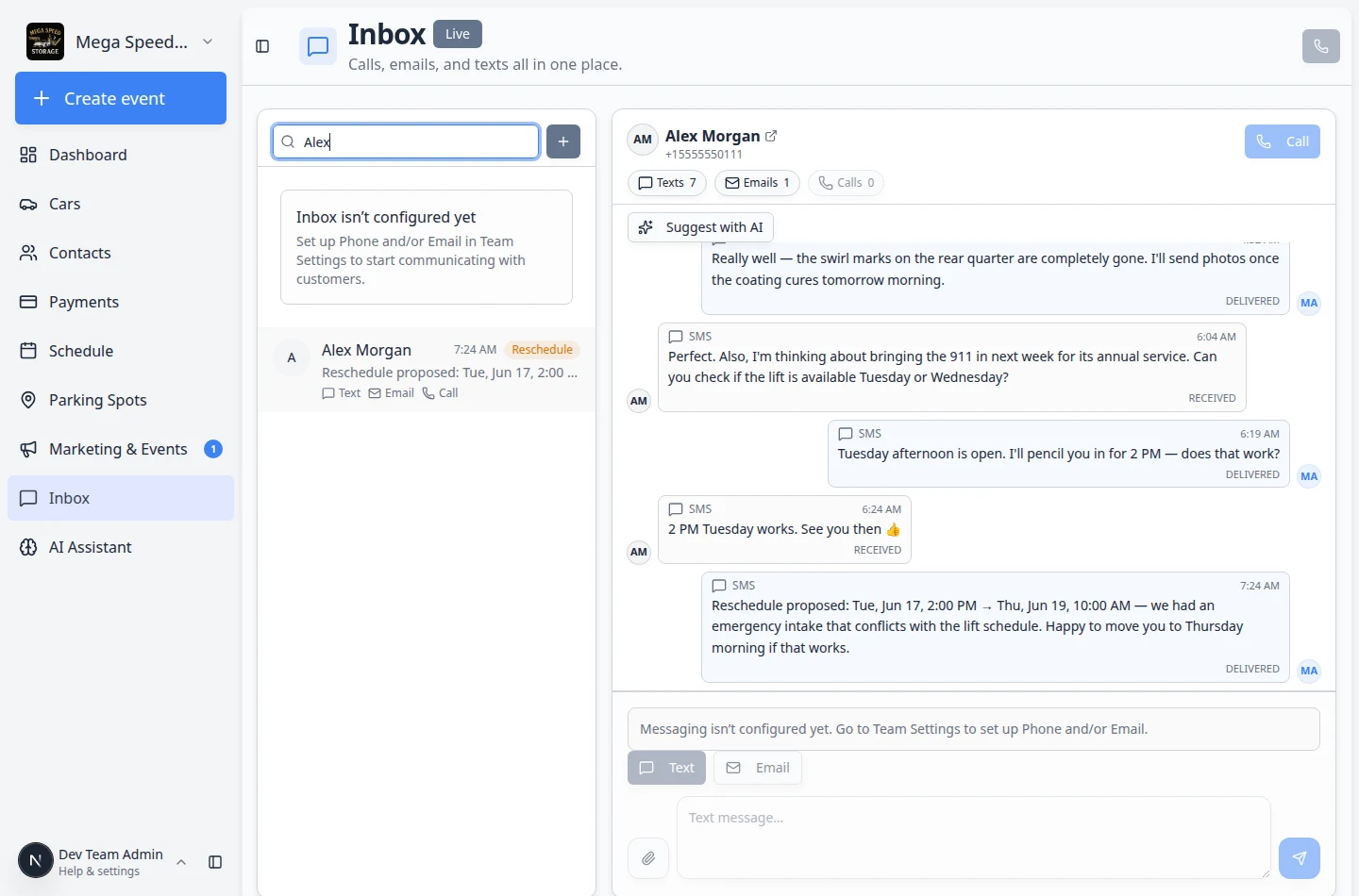 Inbox new conversation search showing a customer search for Sam Rivera
