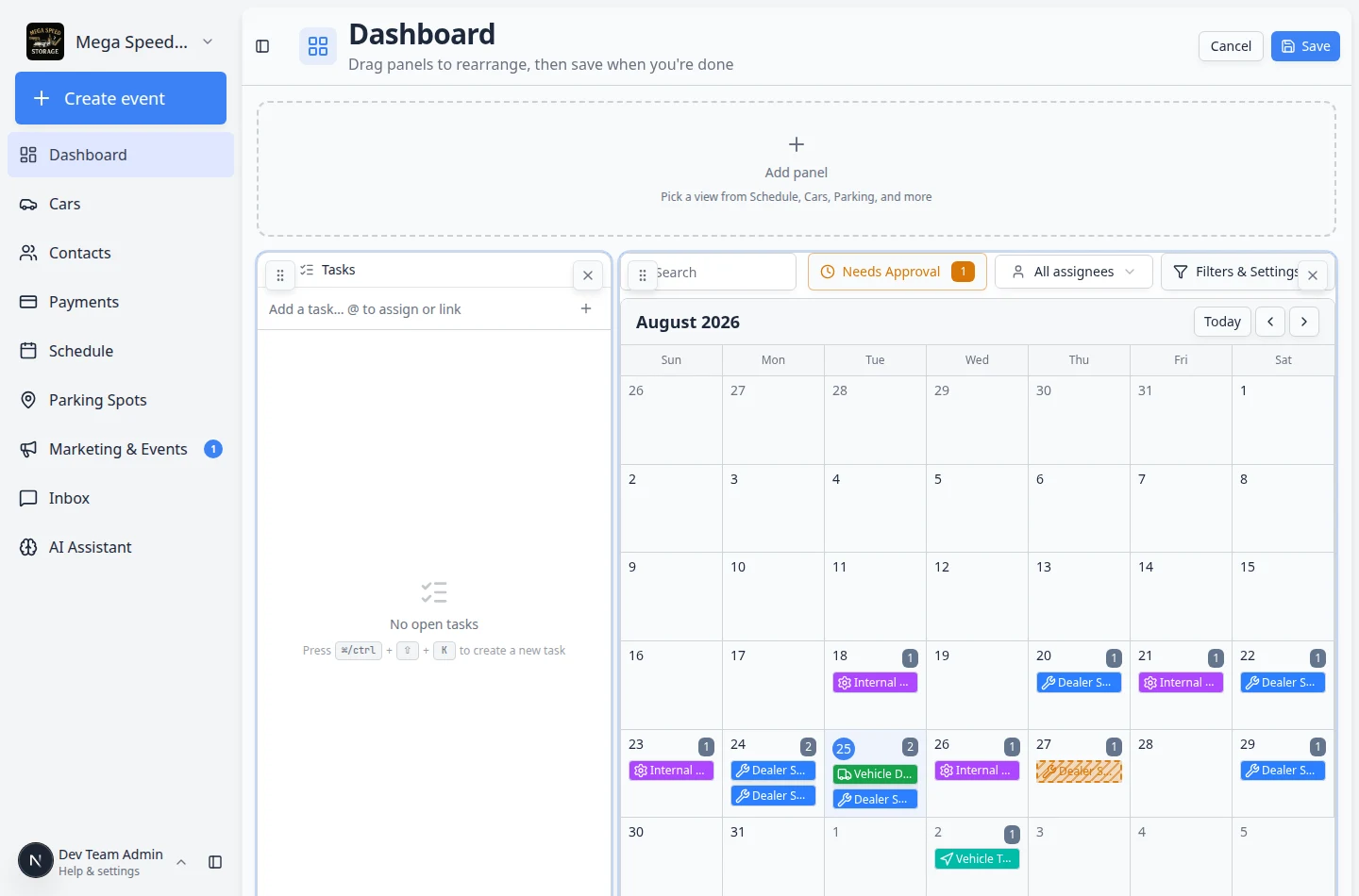 Overview dashboard in edit mode showing draggable panels including Inbox, Events table, Quick actions, and CRM board with Save and Cancel buttons at the top