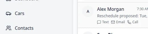 Inbox conversation list showing Alex Morgan with an orange Reschedule badge and preview text that begins with Reschedule proposed