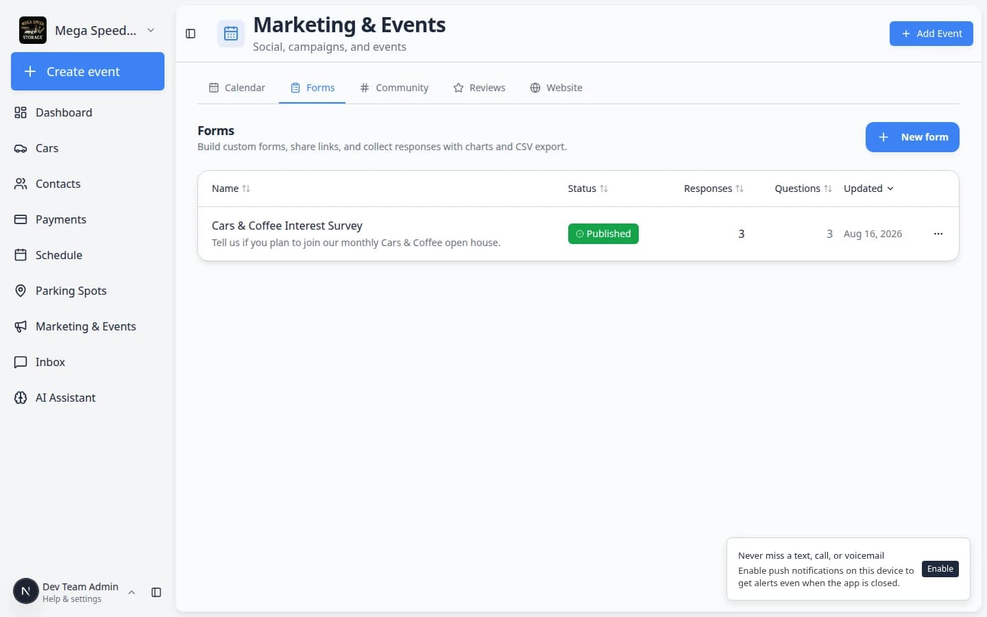 Marketing and Events page with the Forms tab selected showing a list of custom forms with status badges
