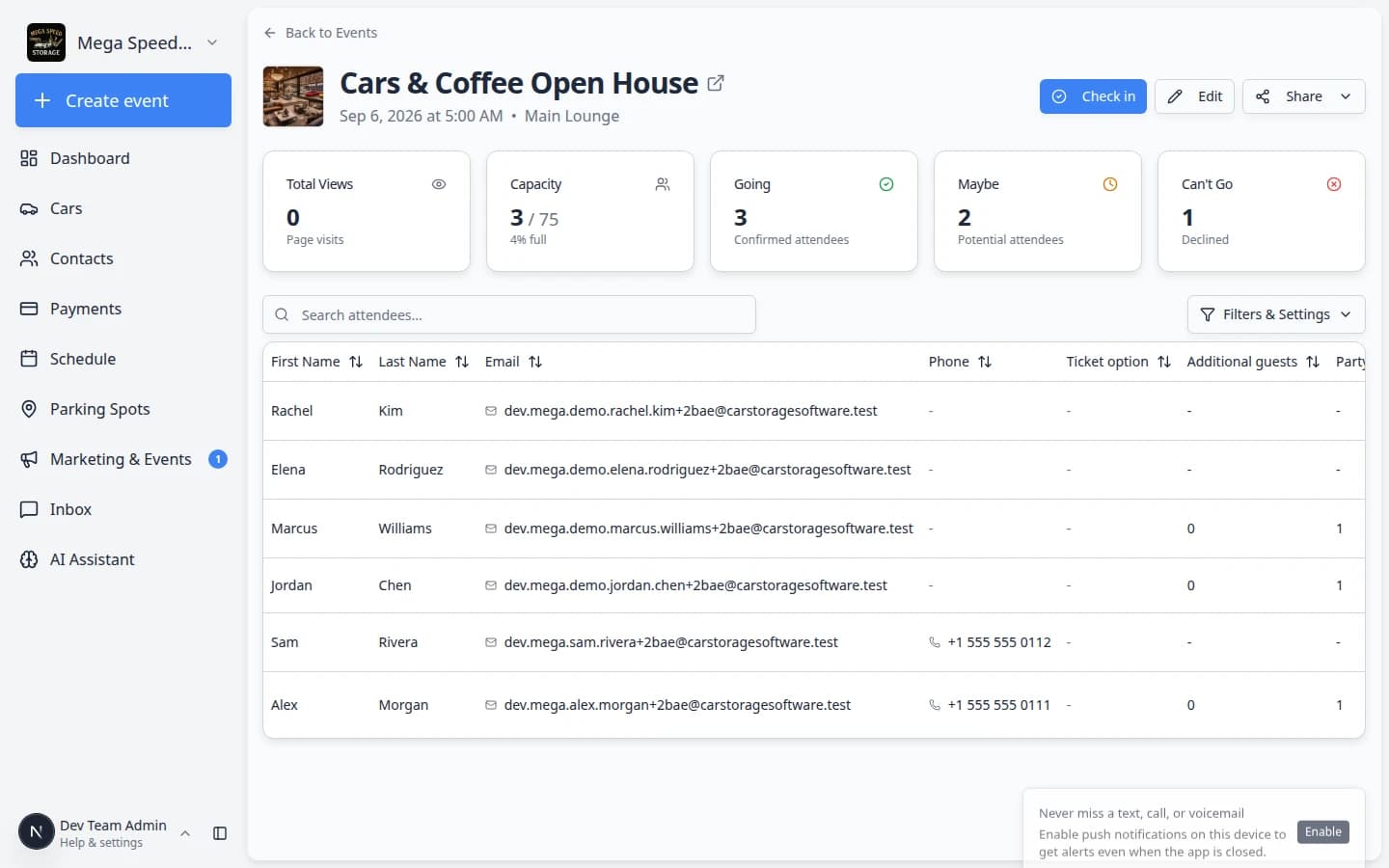 Social event detail page showing Total Views, Capacity, Going, Maybe, and Can't Go summary cards, plus Check in, Edit, and Share buttons