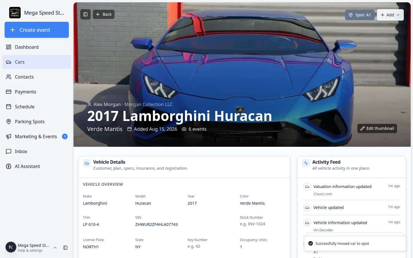 Car detail page for a Lamborghini showing Vendor Elite Transport Co. on the parking location button