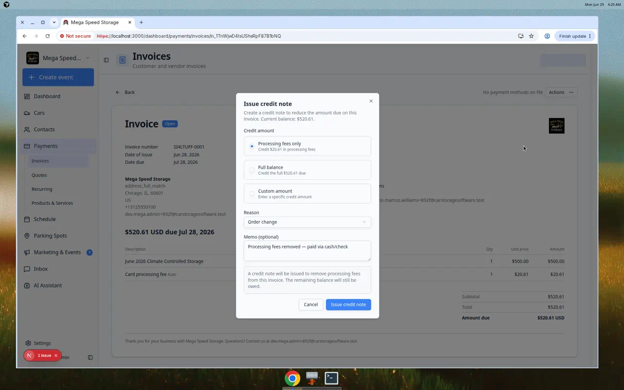 Issue credit note dialog showing Processing fees only, Full balance, and Custom amount options
