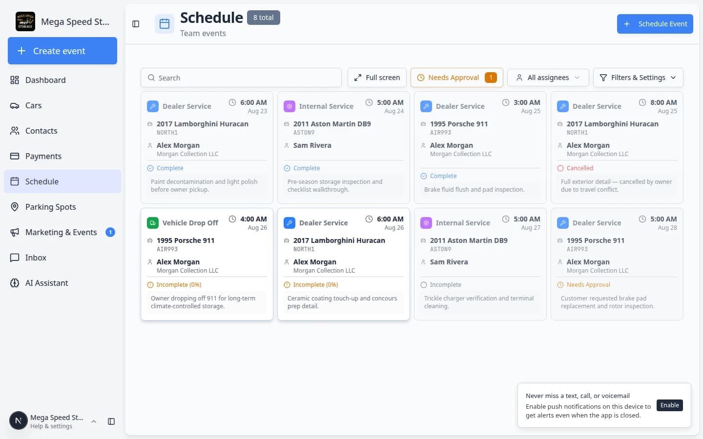 Schedule page showing a 5-day calendar view with color-coded events including vehicle drop-offs, detail appointments, pick-ups, and customer visits spread across the week