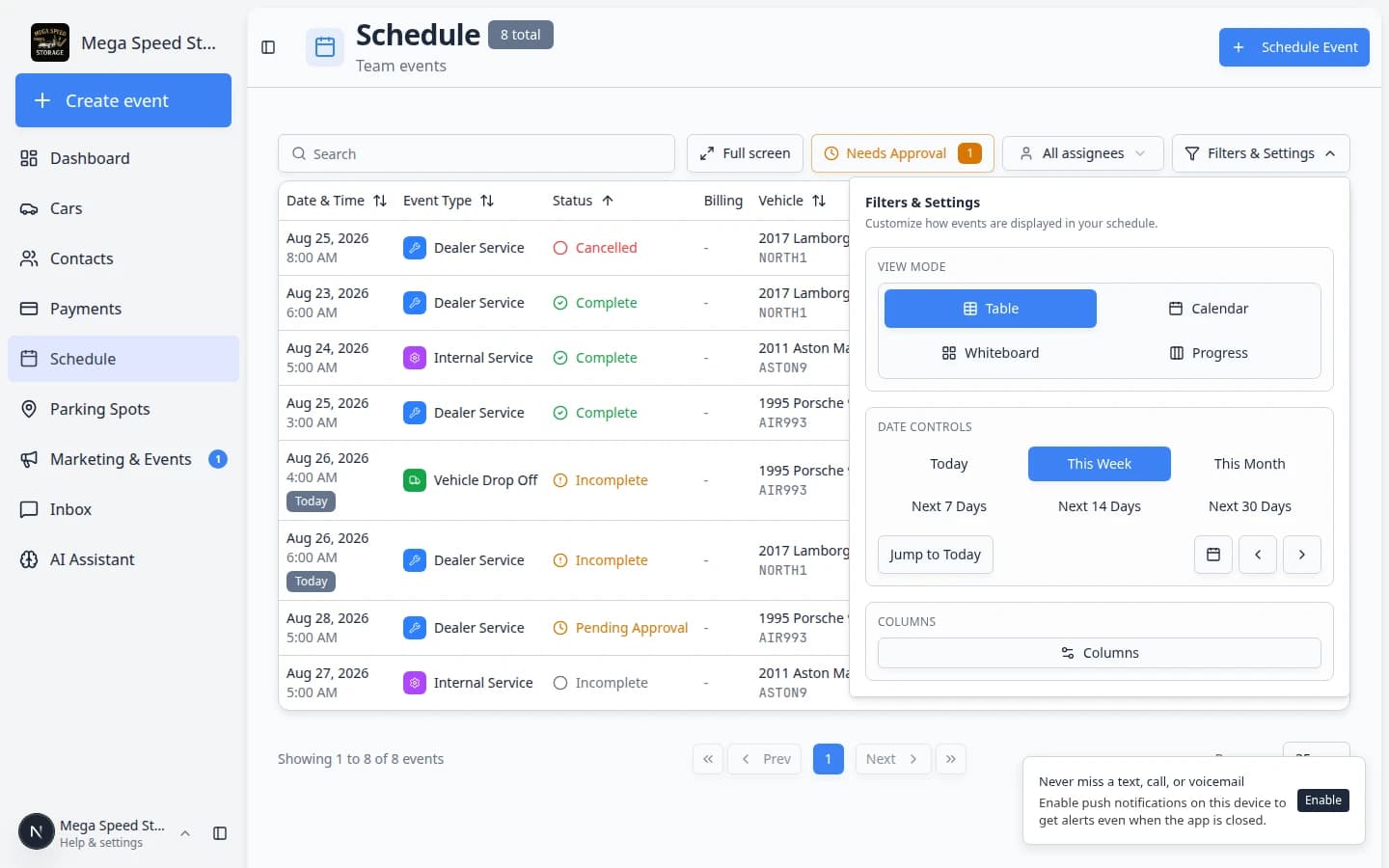 Schedule Table view with the Status column sorted, showing Cancelled, Complete, Incomplete, and Pending Approval rows grouped together