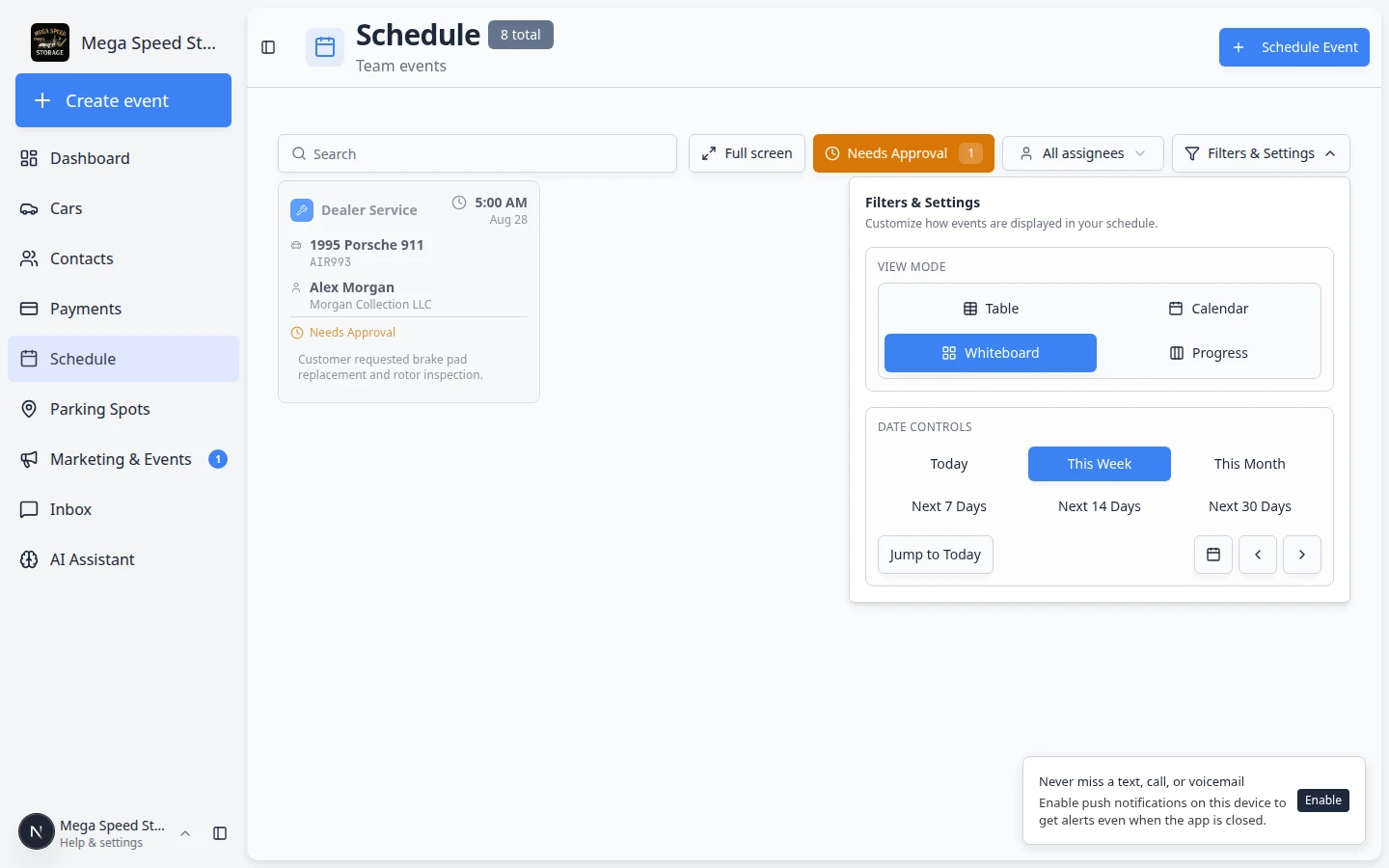 Filters and Settings panel on Schedule with Whiteboard view selected and DATE RANGE options such as Today and This Week