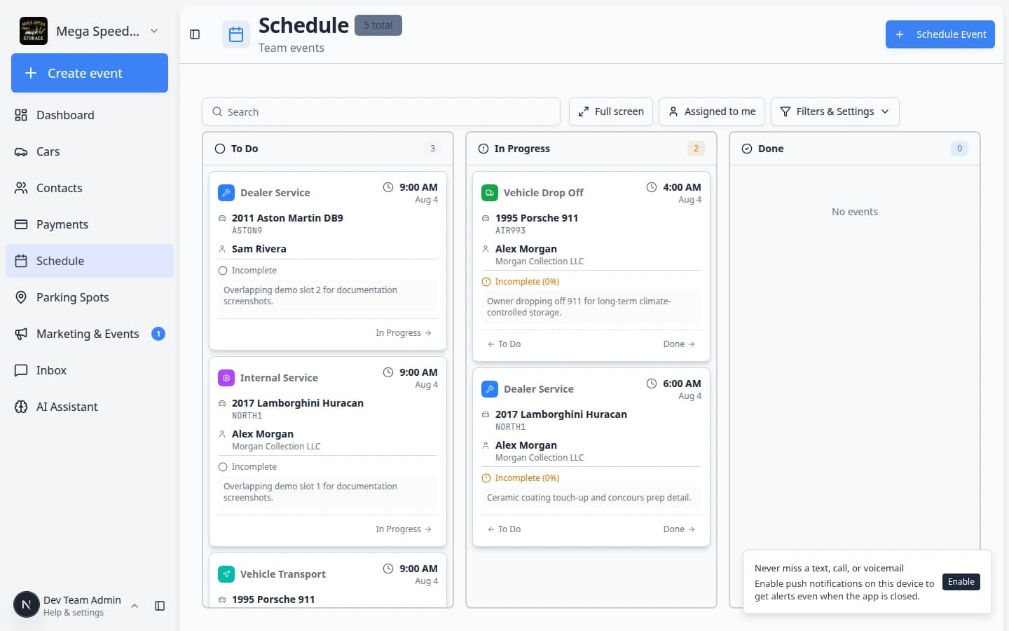Event workflow page showing STATUS progress steps, ACTIVITY feed, and All Photos section with Add Photos button