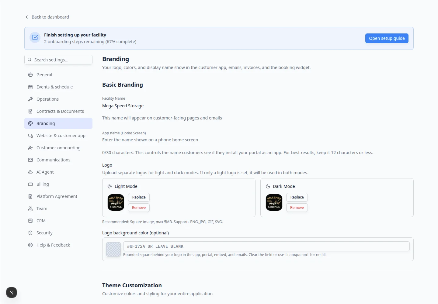 Branding settings Logo section showing Light Mode and Dark Mode upload areas with logo preview thumbnails