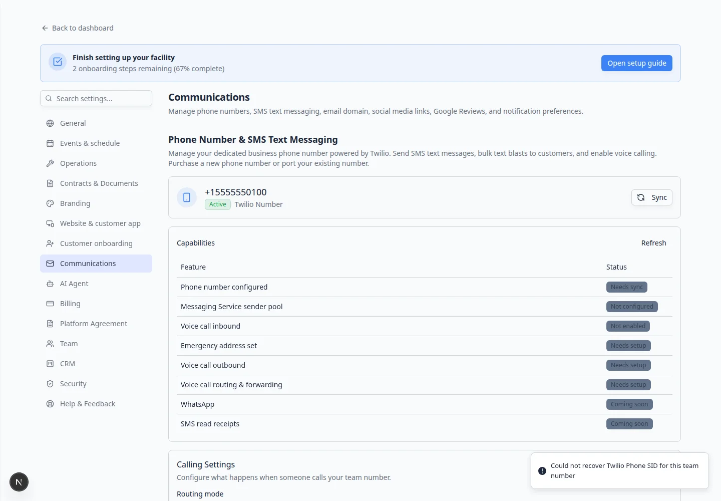 Communications settings page scrolled to Phone Number and SMS Text Messaging section
