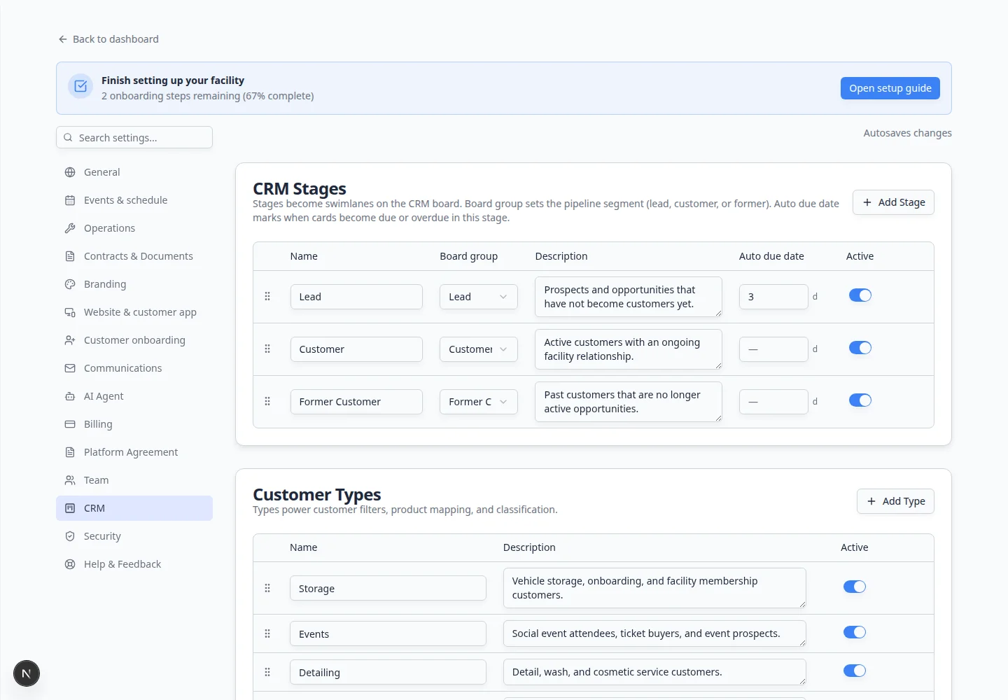CRM settings page focused on Customer Types table with type names, descriptions, and Active toggles
