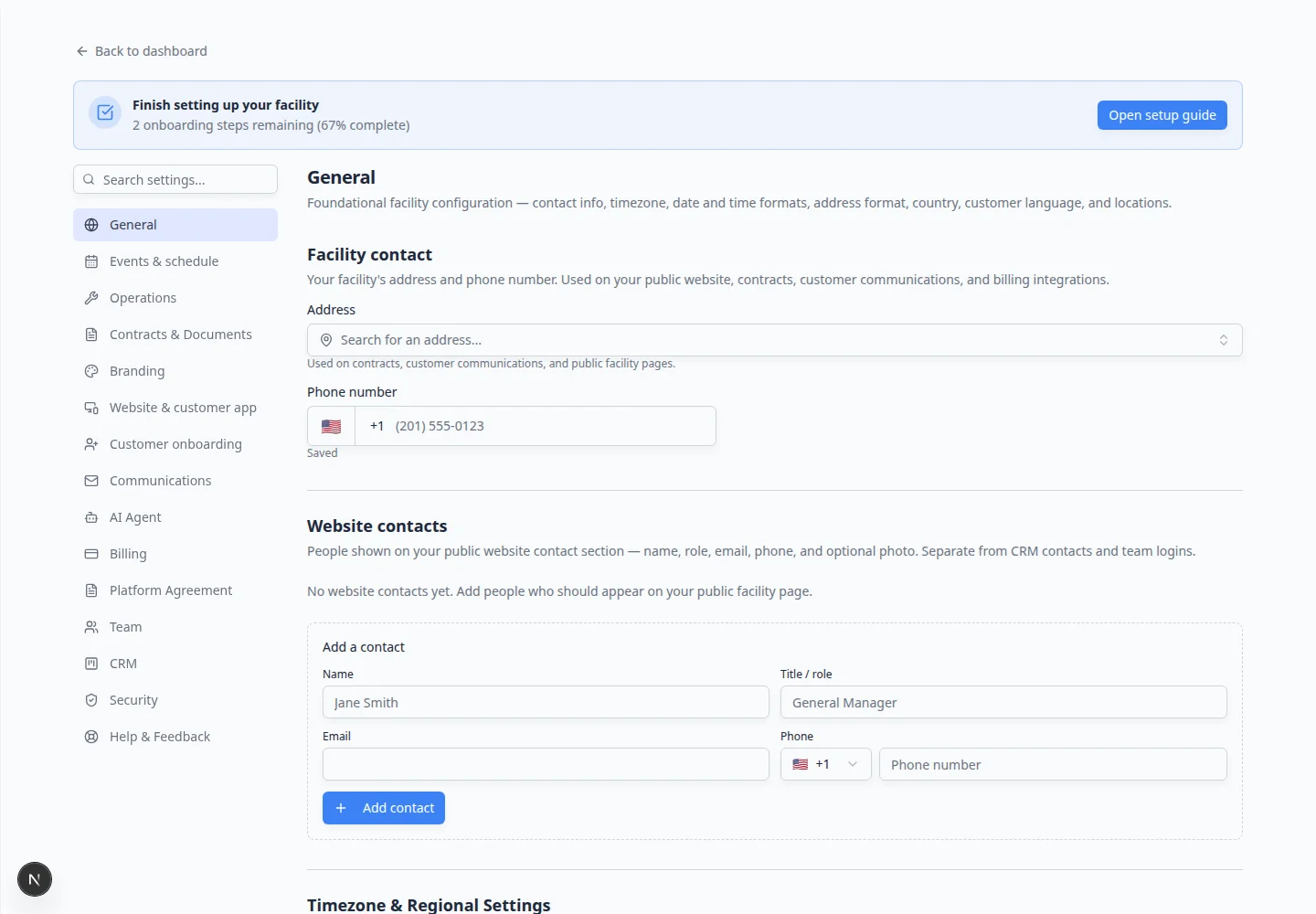 Settings General page with the category navigation column visible alongside facility time zone and regional options