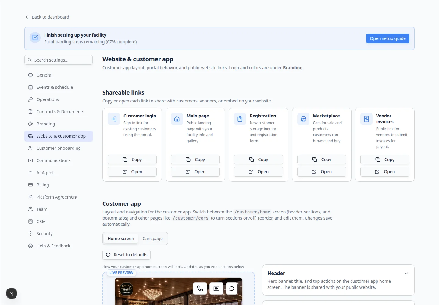 Website and customer app settings scrolled to Public facility page section with enable toggle and page slug field